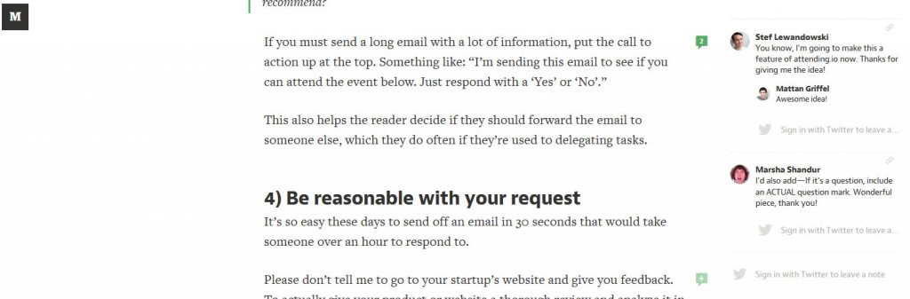 Example of side commenting from Medium screen shot taken from the article How to get a busy person to respond to your email by @mattangriffel